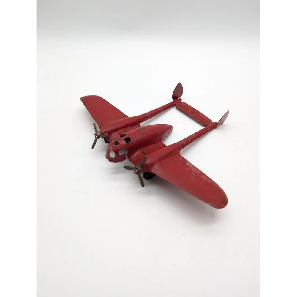 Vintage 30s Wyandotte Crusader P-38 Fighter Plane Pressed Steel Toy Military Red